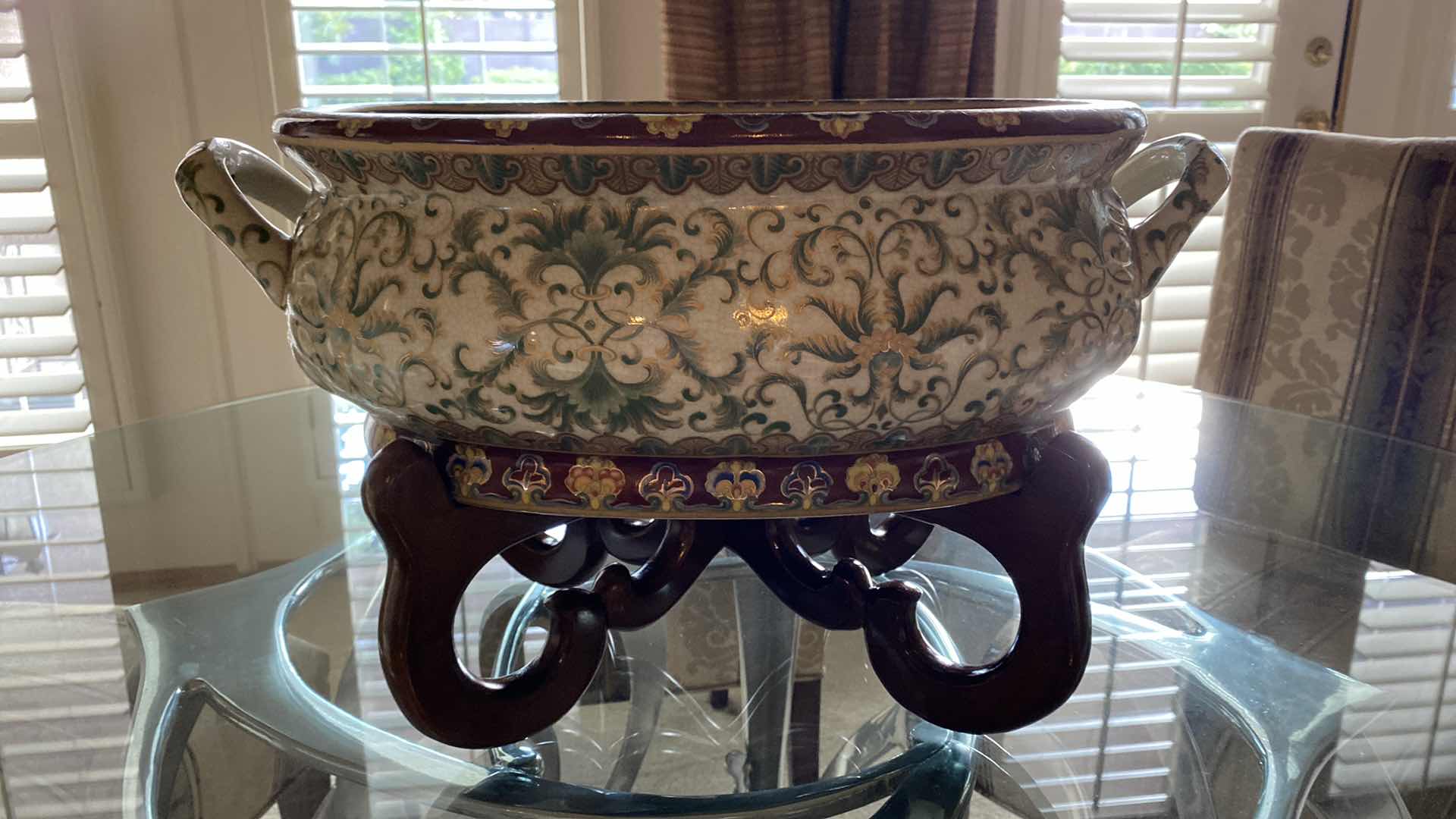 Photo 1 of UNIQUE CHINESE GREEN GOLD AND CREAM FOOT BATH / PLANTER 20” X 7” WITH STAND H11.5”