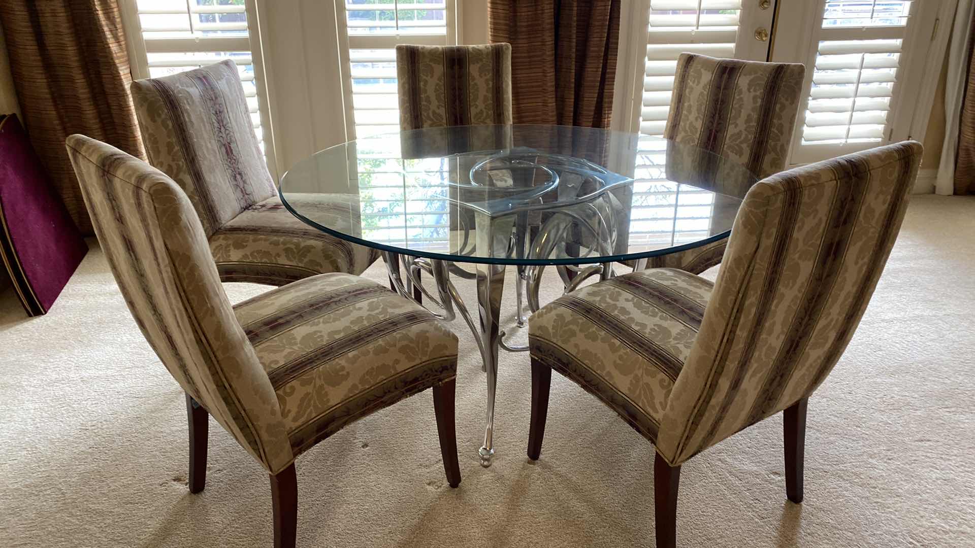 Photo 1 of ROUND BEVELED EDGE GLASS TABLE WITH SILVER METAL BASE AND 5 CHAIRS 54” H29” AND TABLE PROTECTOR