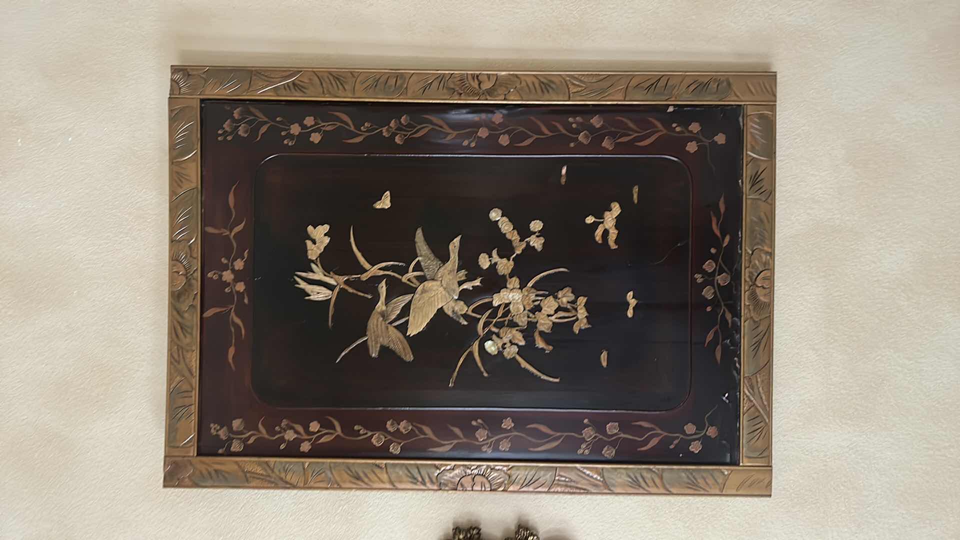 Photo 1 of JAPANESE LACQUER AND SHIBAYAMA ON WOOD WITH PAINTED FLOWERS 27.5” x 40”