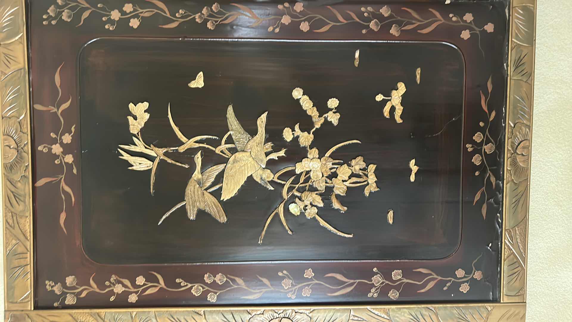 Photo 1 of JAPANESE LACQUER AND SHIBAYAMA ON WOOD WITH PAINTED FLOWERS 27.5” x 40”