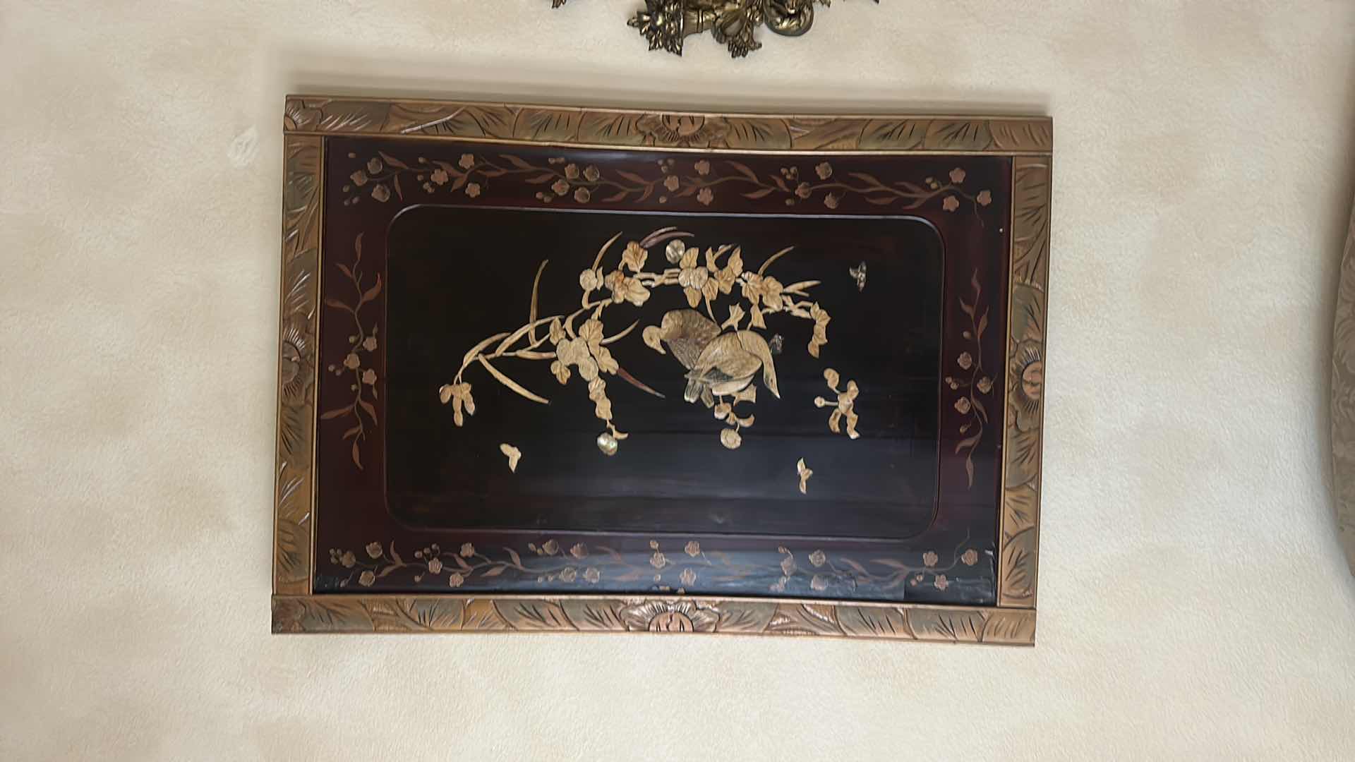 Photo 1 of JAPANESE LACQUER AND SHIBAYAMA ON WOOD WITH PAINTED FLOWERS 27.5” x 40”