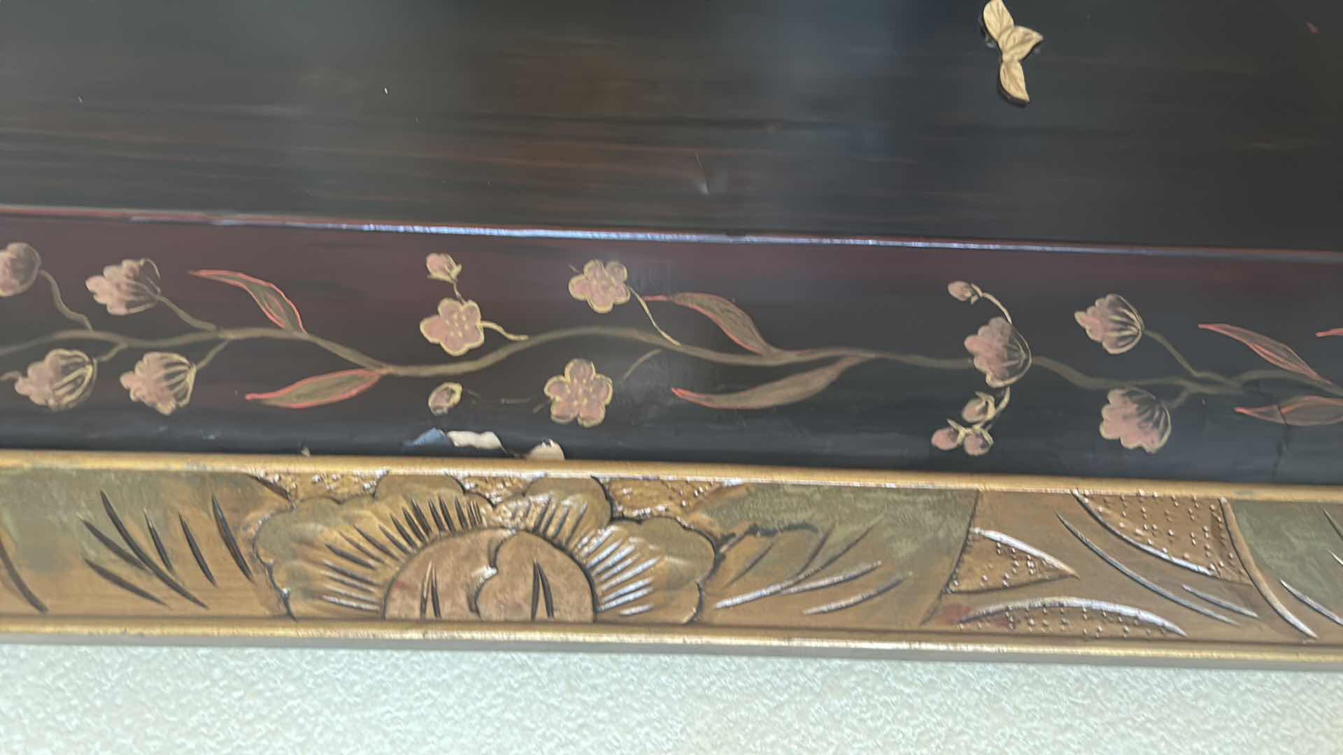 Photo 1 of JAPANESE LACQUER AND SHIBAYAMA ON WOOD WITH PAINTED FLOWERS 27.5” x 40”