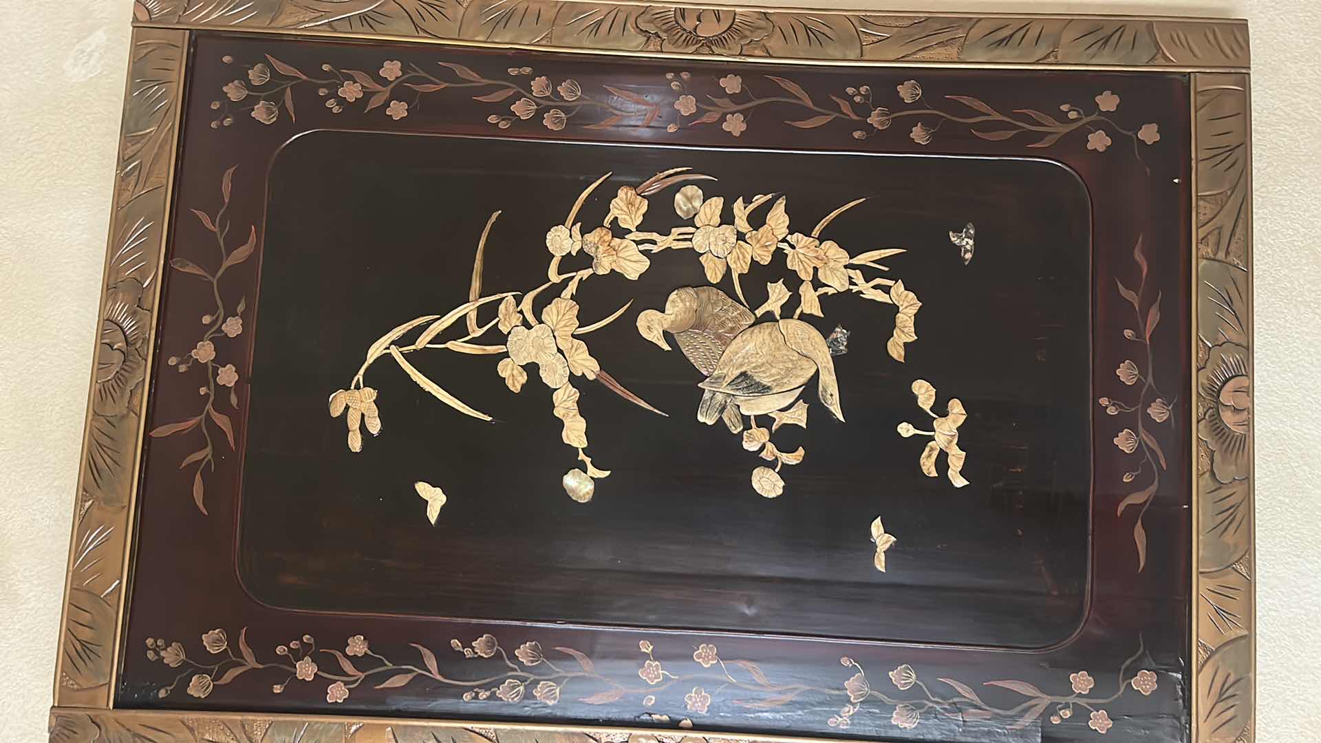 Photo 1 of JAPANESE LACQUER AND SHIBAYAMA ON WOOD WITH PAINTED FLOWERS 27.5” x 40”