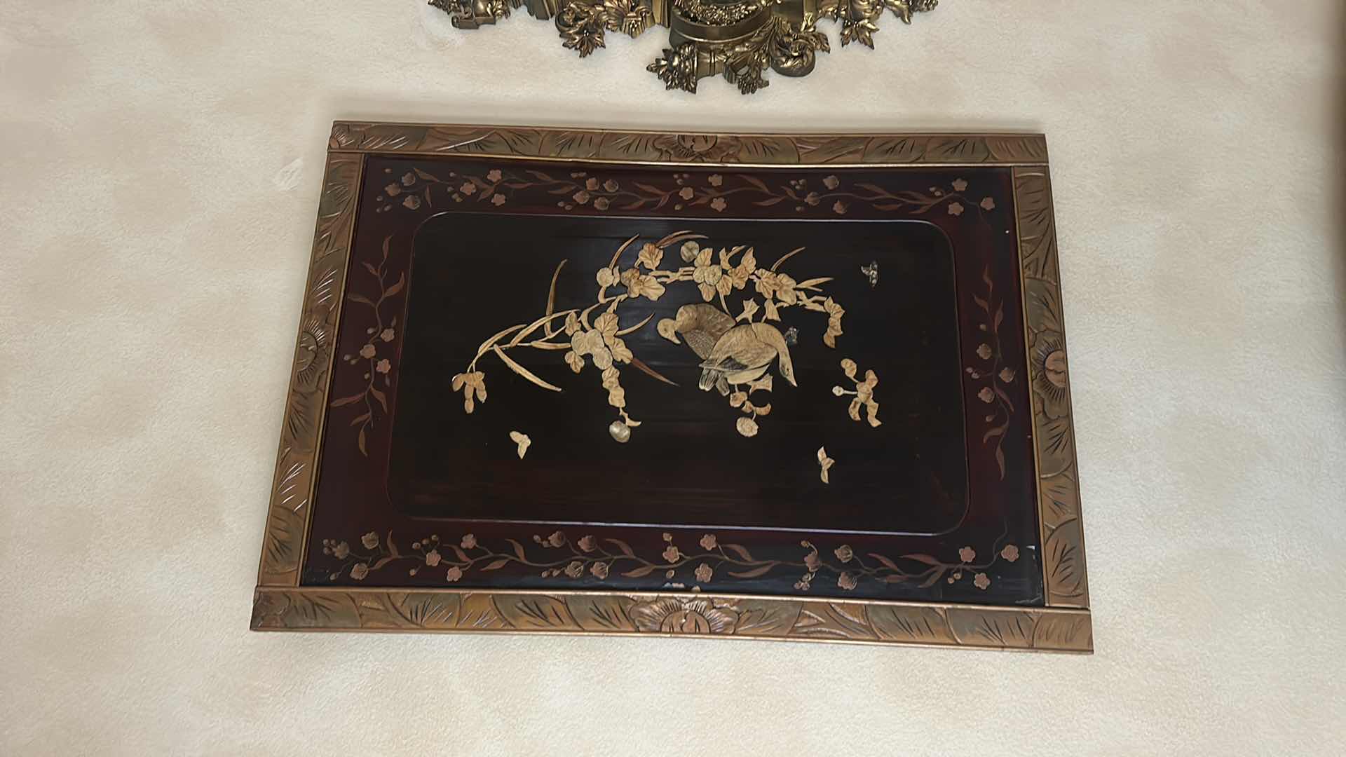 Photo 1 of JAPANESE LACQUER AND SHIBAYAMA ON WOOD WITH PAINTED FLOWERS 27.5” x 40”