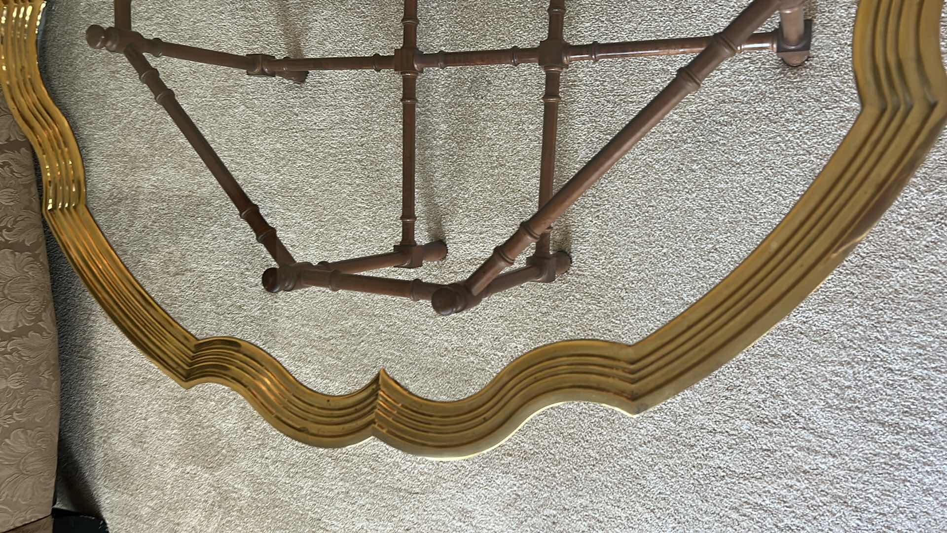 Photo 1 of UNIQUE SCALLOPED ROUND COFFEE TABLE WITH GOLD TRIM ON WOOD STAND 43” x 16”