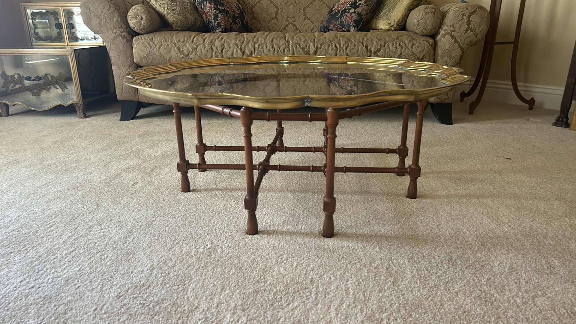 Photo 1 of UNIQUE SCALLOPED ROUND COFFEE TABLE WITH GOLD TRIM ON WOOD STAND 43” x 16”