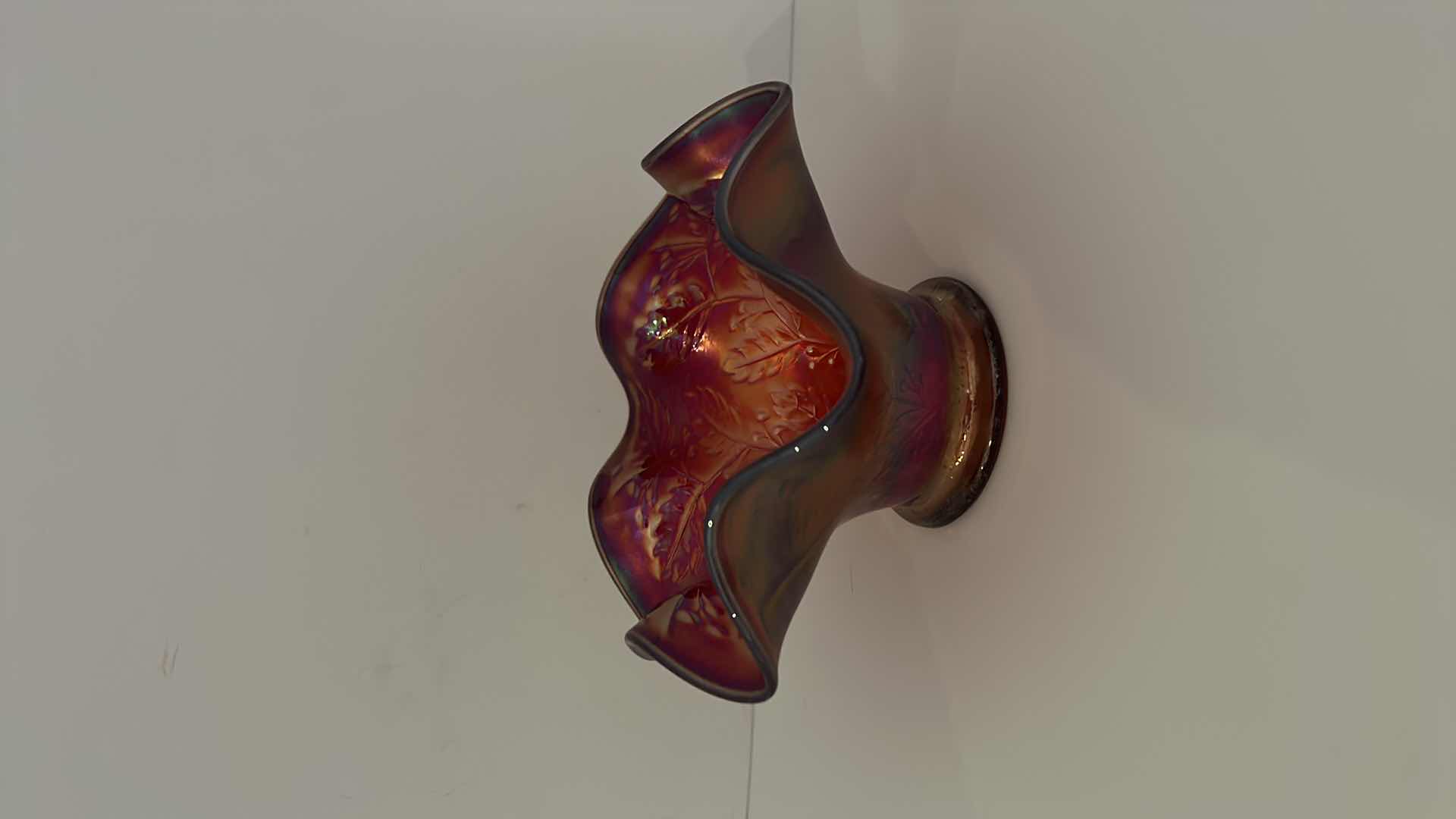 Photo 1 of CRANBERRY CARNIVAL GLASS SCALLOPED BOWL 6” x 3.5”