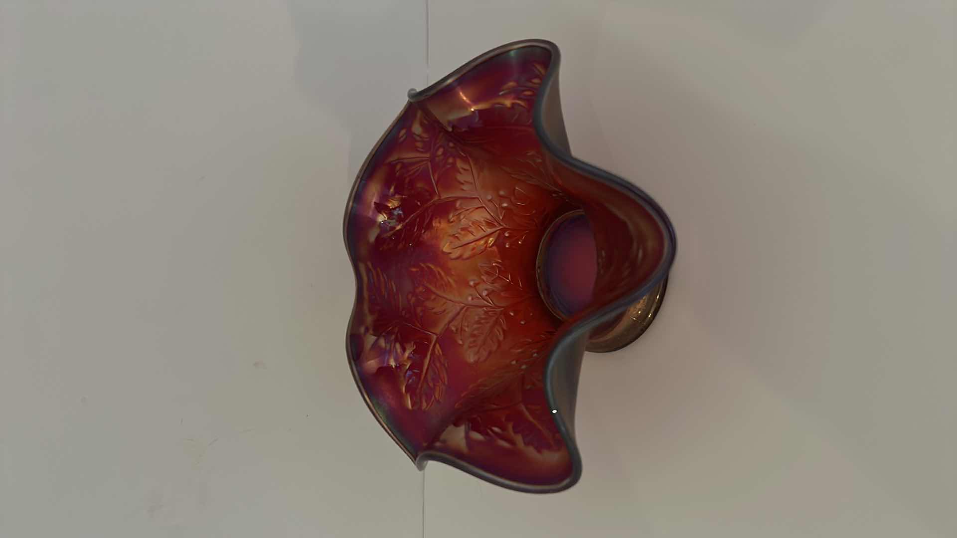 Photo 1 of CRANBERRY CARNIVAL GLASS SCALLOPED BOWL 6” x 3.5”