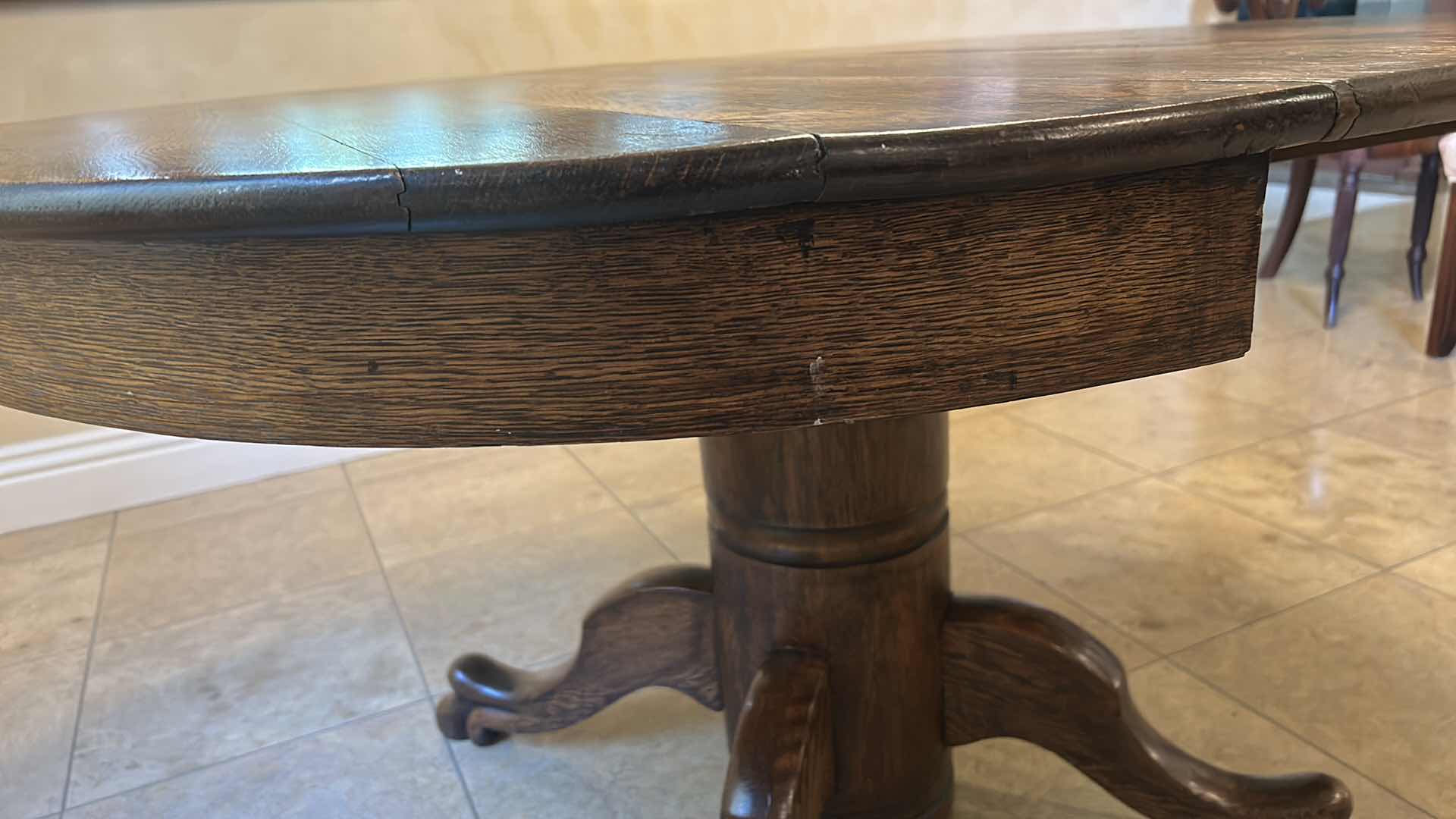 Photo 1 of ANTIQUE DOVE TAILED-WOOD PEDESTAL TABLE 42” x 51” x H 28.5”