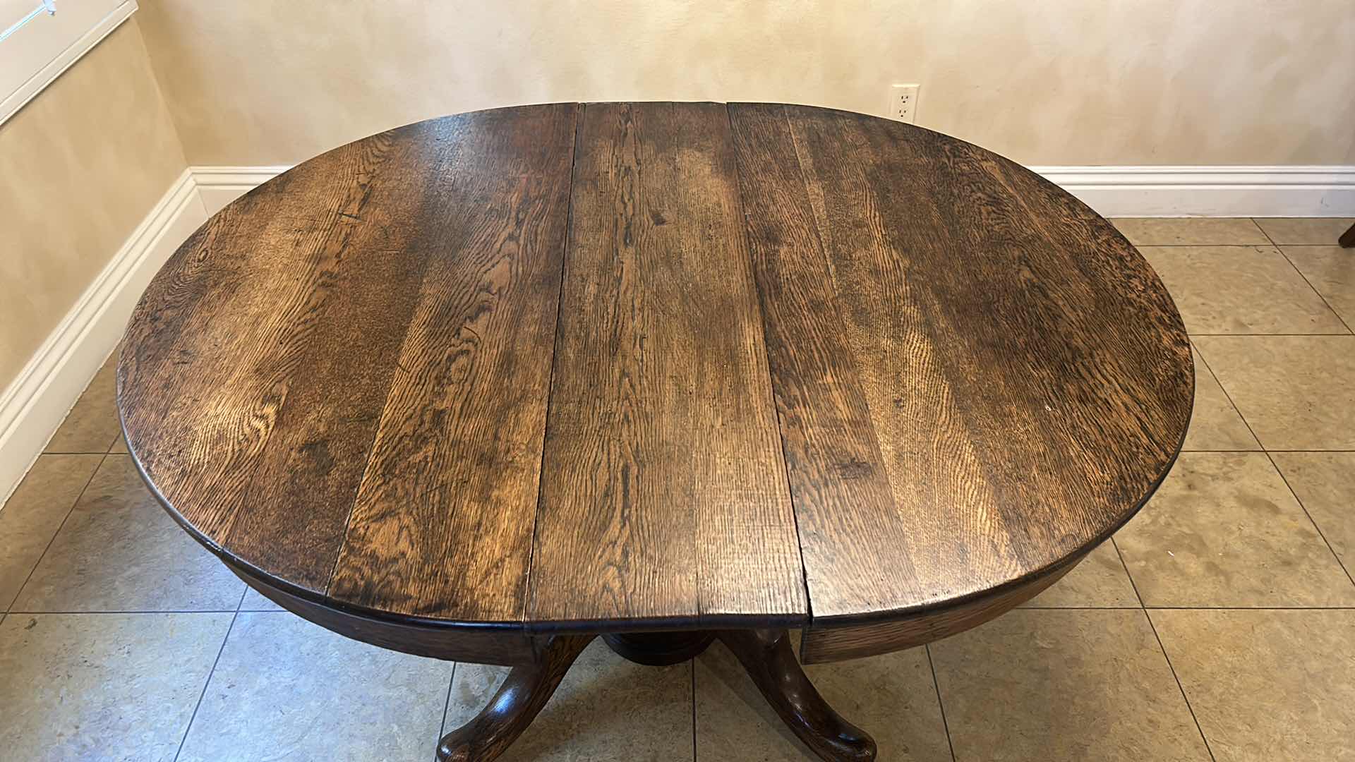 Photo 1 of ANTIQUE DOVE TAILED-WOOD PEDESTAL TABLE 42” x 51” x H 28.5”