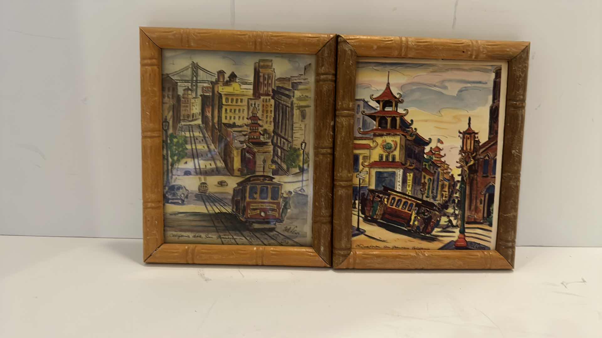 Photo 1 of ARTIST SIGNED TED LEWY 4 SMALL SAN FRANCISCO THEMED FRAMED ARTWORK PIECES 5.5” x 5” 