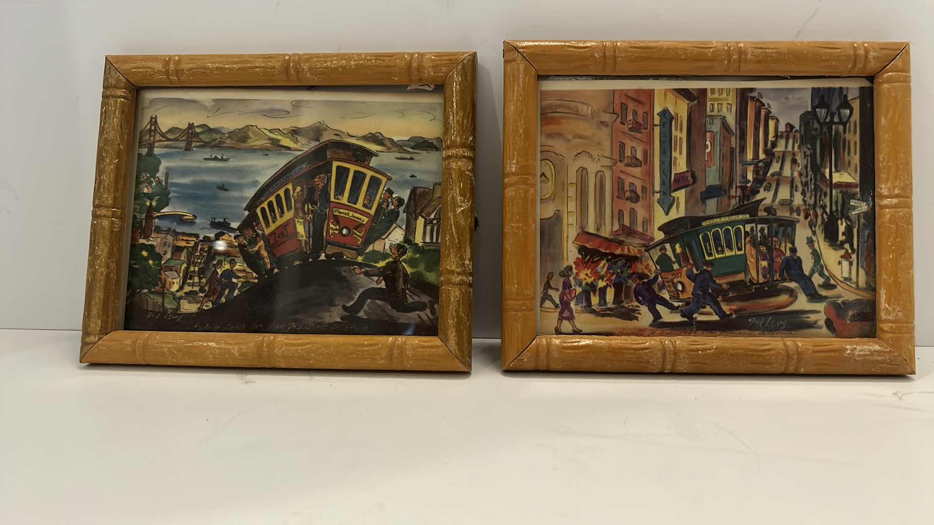 Photo 1 of ARTIST SIGNED TED LEWY 4 SMALL SAN FRANCISCO THEMED FRAMED ARTWORK PIECES 5.5” x 5” 