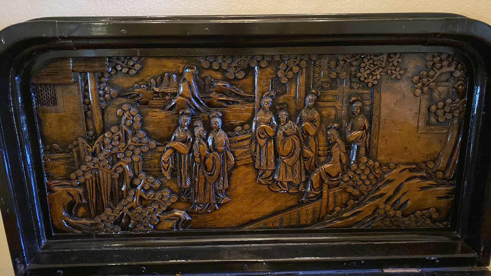 Photo 1 of ASIAN INSPIRED WOOD BAR CART WITH CARVINGS AND LACQUER FINISH OPEN MEASURES 47.5” X 26” H57”