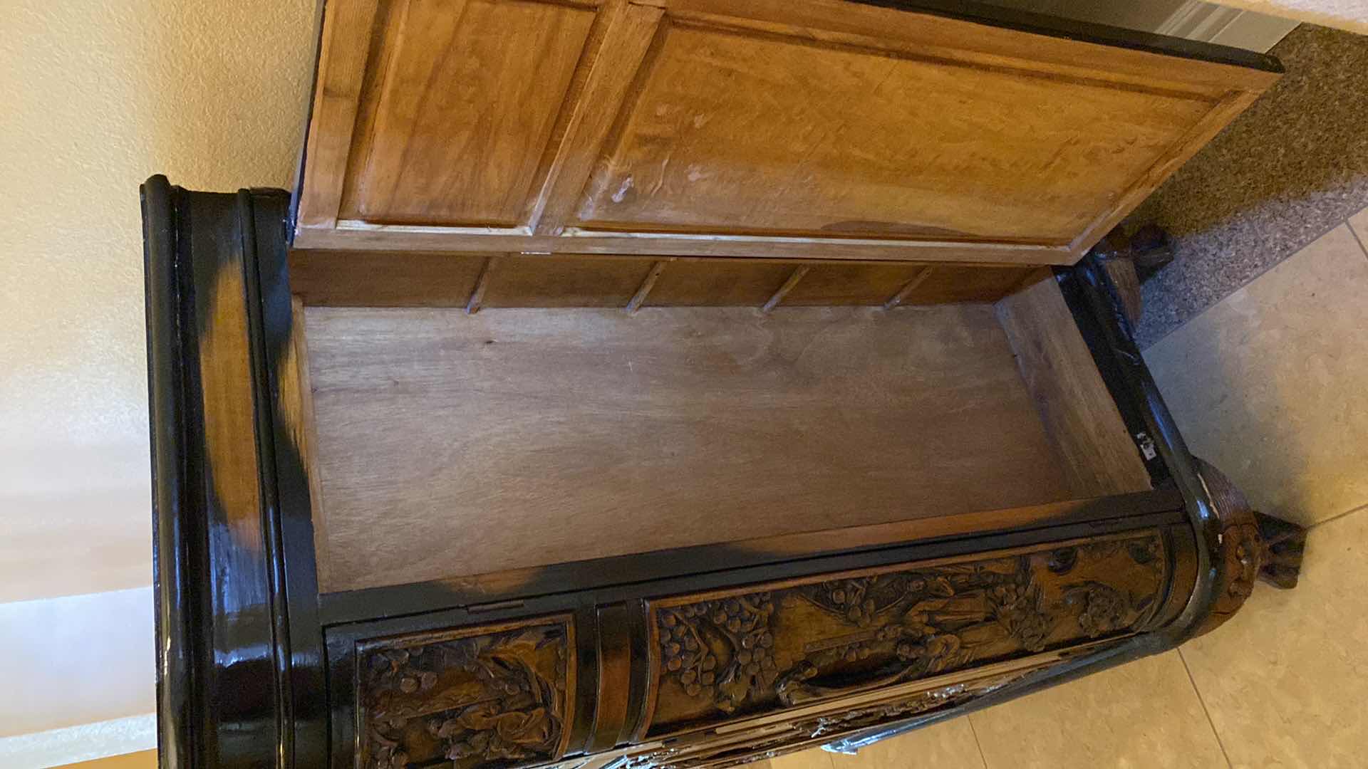 Photo 1 of ASIAN INSPIRED WOOD BAR CART WITH CARVINGS AND LACQUER FINISH OPEN MEASURES 47.5” X 26” H57”