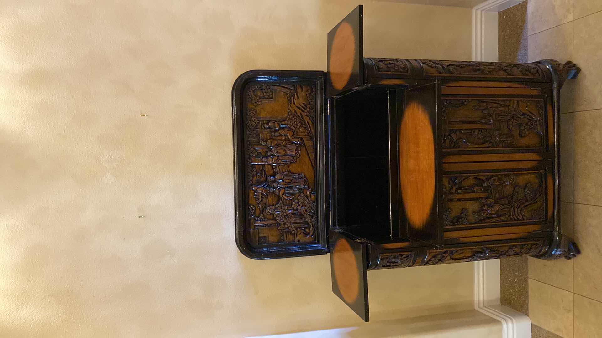 Photo 1 of ASIAN INSPIRED WOOD BAR CART WITH CARVINGS AND LACQUER FINISH OPEN MEASURES 47.5” X 26” H57”