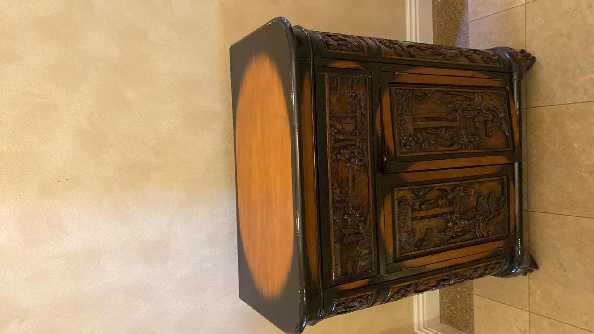 Photo 1 of ASIAN INSPIRED WOOD BAR CART WITH CARVINGS AND LACQUER FINISH OPEN MEASURES 47.5” X 26” H57”