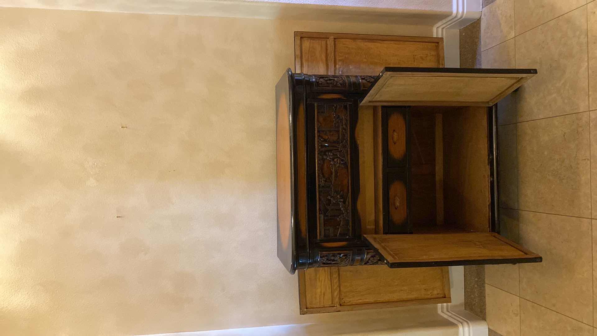 Photo 1 of ASIAN INSPIRED WOOD BAR CART WITH CARVINGS AND LACQUER FINISH OPEN MEASURES 47.5” X 26” H57”