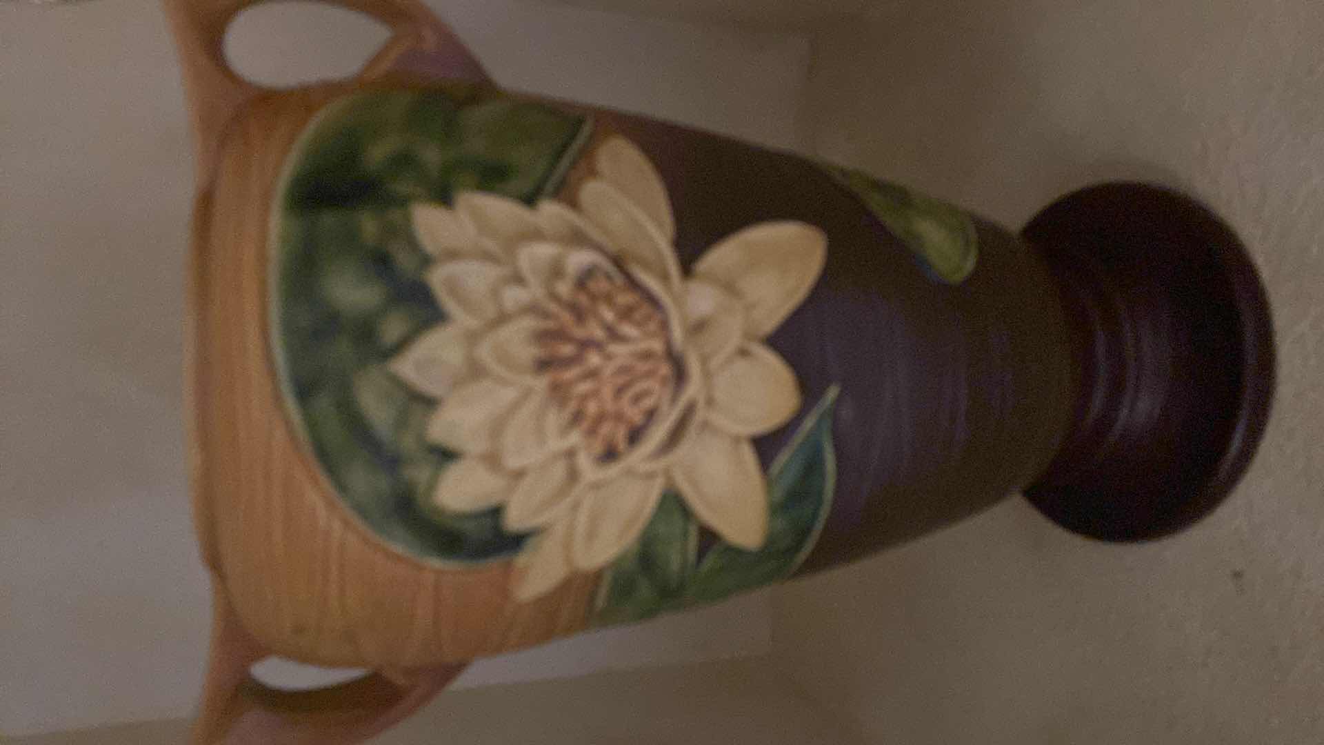 Photo 1 of VINTAGE ROSEVILLE POTTERY DOUBLE SIDED WATER LILY BROWN 83-15 VASE 16”