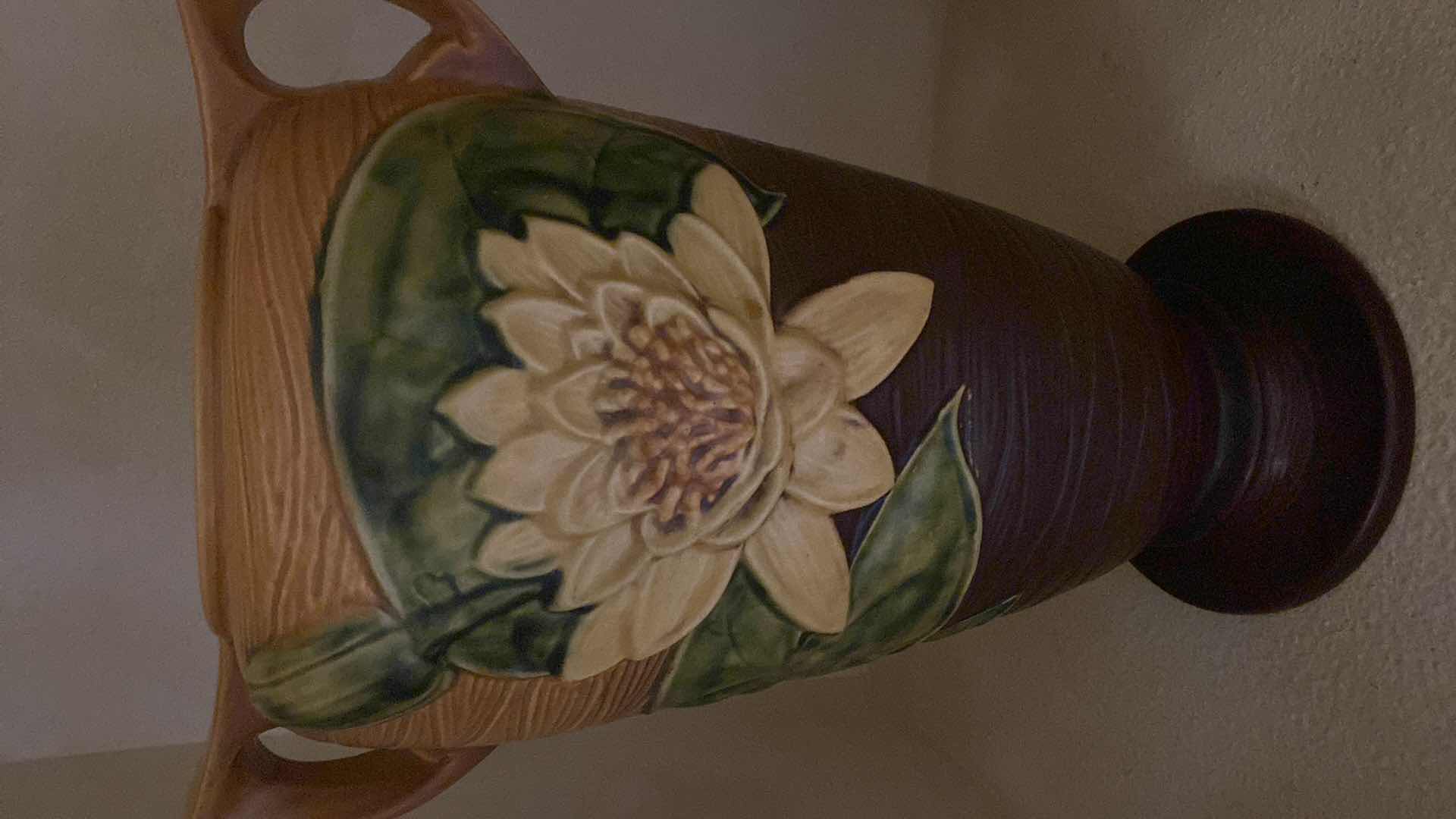 Photo 1 of VINTAGE ROSEVILLE POTTERY DOUBLE SIDED WATER LILY BROWN 83-15 VASE 16”