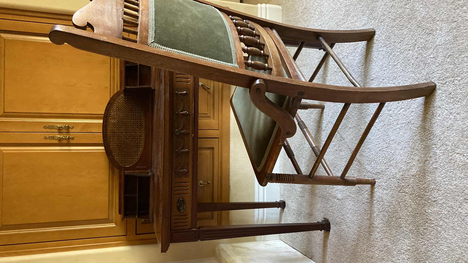 Photo 1 of ANTIQUE WOOD AND CANE RECEPTION DESK WITH CHAIR 36” X 22” H30”