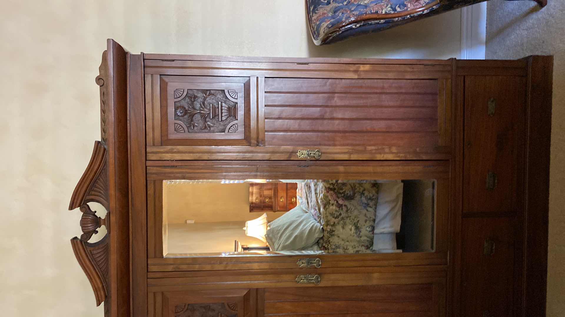 Photo 1 of ANTIQUE CARVED WARDROBE WITH FLORAL INLAY  2 DRAWERS 3 DOORS 61” X 21” H86”