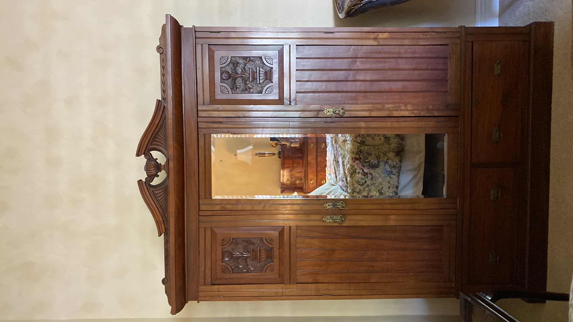 Photo 1 of ANTIQUE CARVED WARDROBE WITH FLORAL INLAY  2 DRAWERS 3 DOORS 61” X 21” H86”