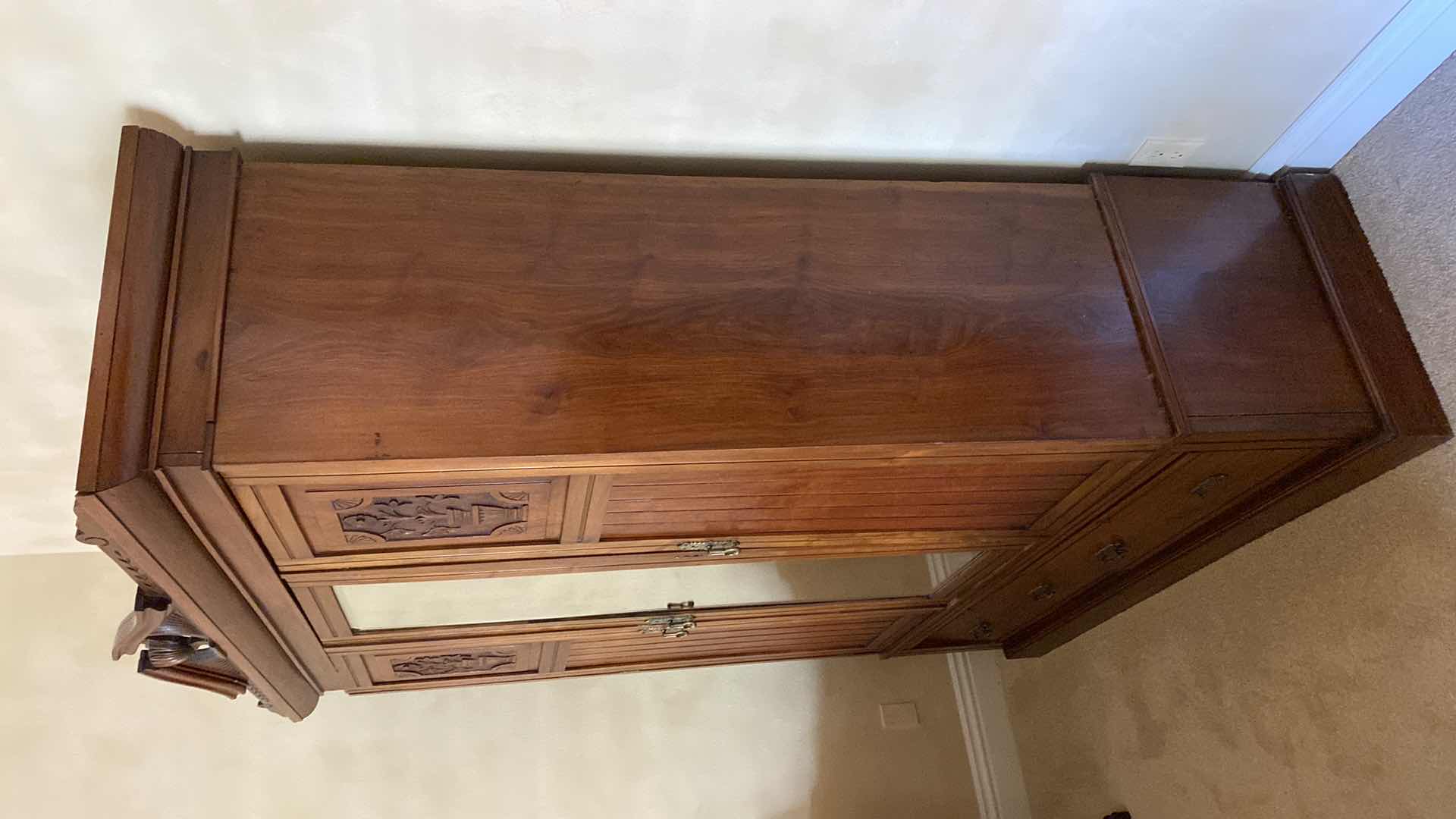 Photo 1 of ANTIQUE CARVED WARDROBE WITH FLORAL INLAY  2 DRAWERS 3 DOORS 61” X 21” H86”