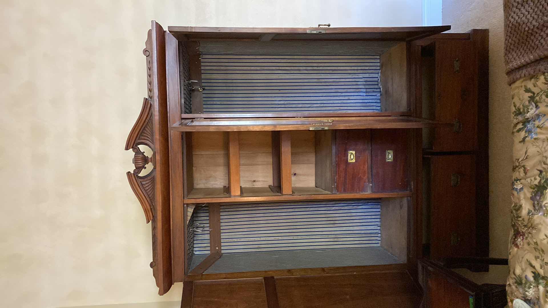 Photo 1 of ANTIQUE CARVED WARDROBE WITH FLORAL INLAY  2 DRAWERS 3 DOORS 61” X 21” H86”