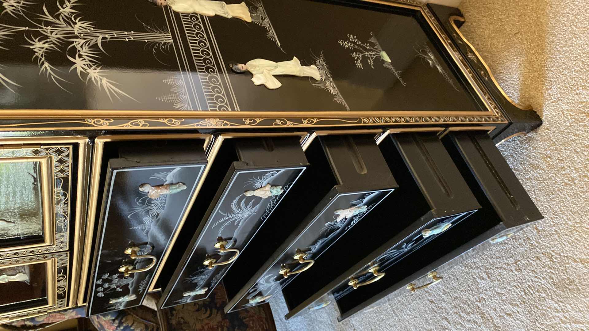 Photo 1 of BLACK LACQUER ORIENTAL LINGERIE CABINET HAND PAINTED CARVED MOTHER OF PEARL 24” X 14 H52” 