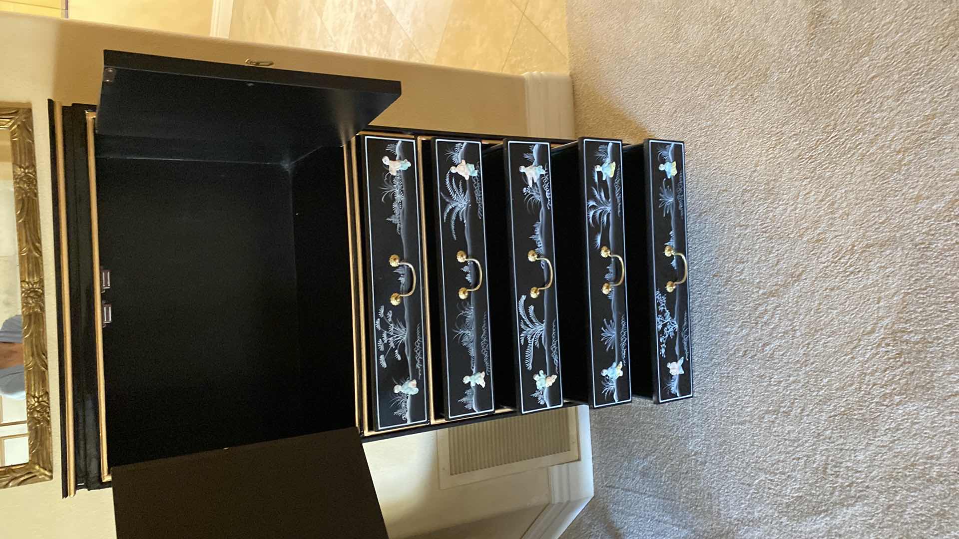 Photo 1 of BLACK LACQUER ORIENTAL LINGERIE CABINET HAND PAINTED CARVED MOTHER OF PEARL 24” X 14 H52” 