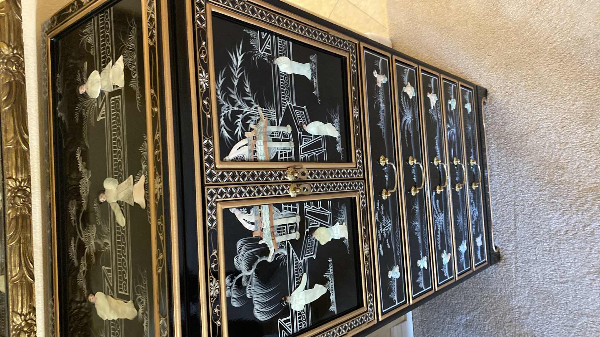 Photo 1 of BLACK LACQUER ORIENTAL LINGERIE CABINET HAND PAINTED CARVED MOTHER OF PEARL 24” X 14 H52” 