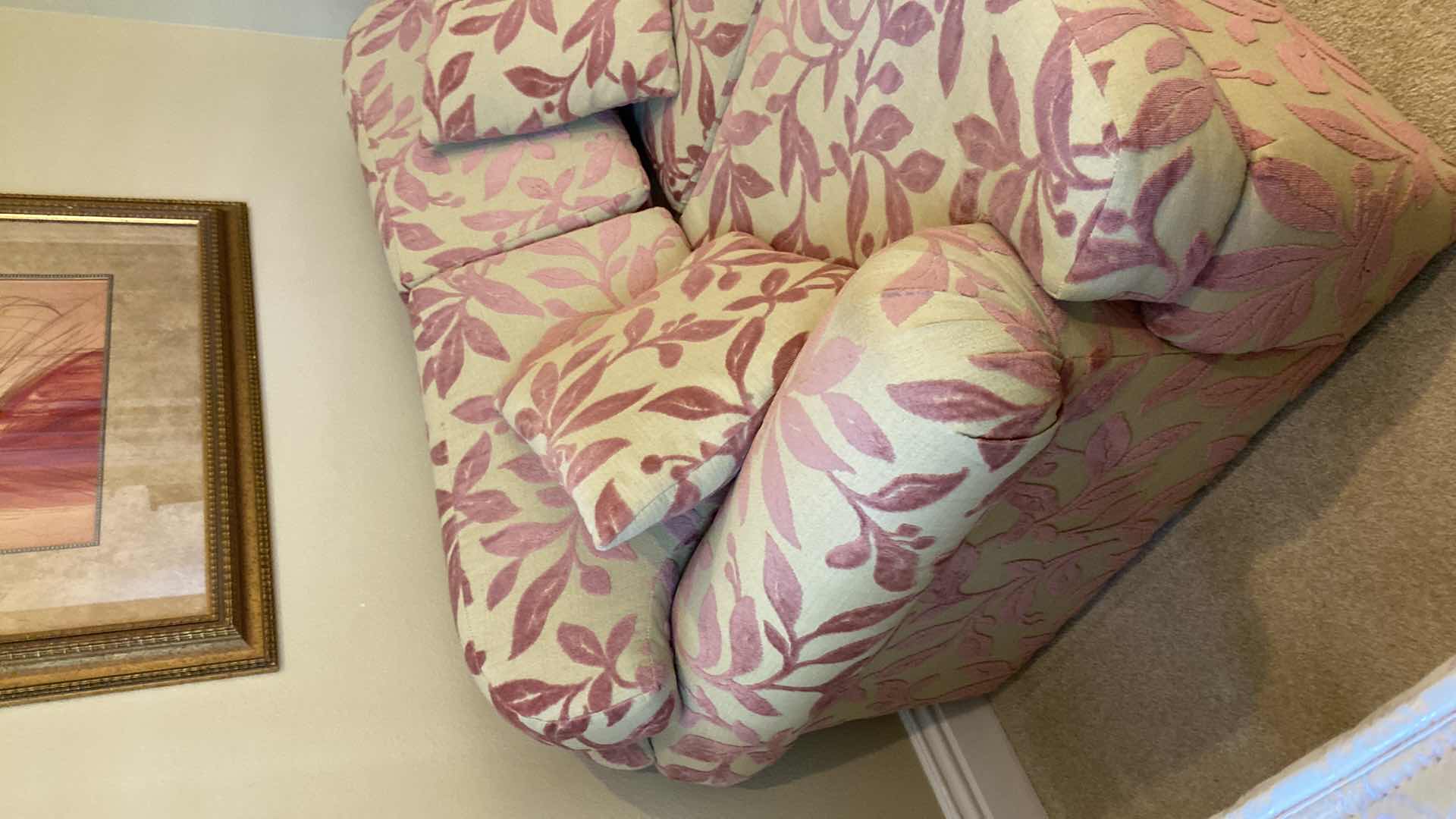 Photo 1 of 64” CREAM AND MAUVE LEAF UPHOLSTERED LOVE SEAT