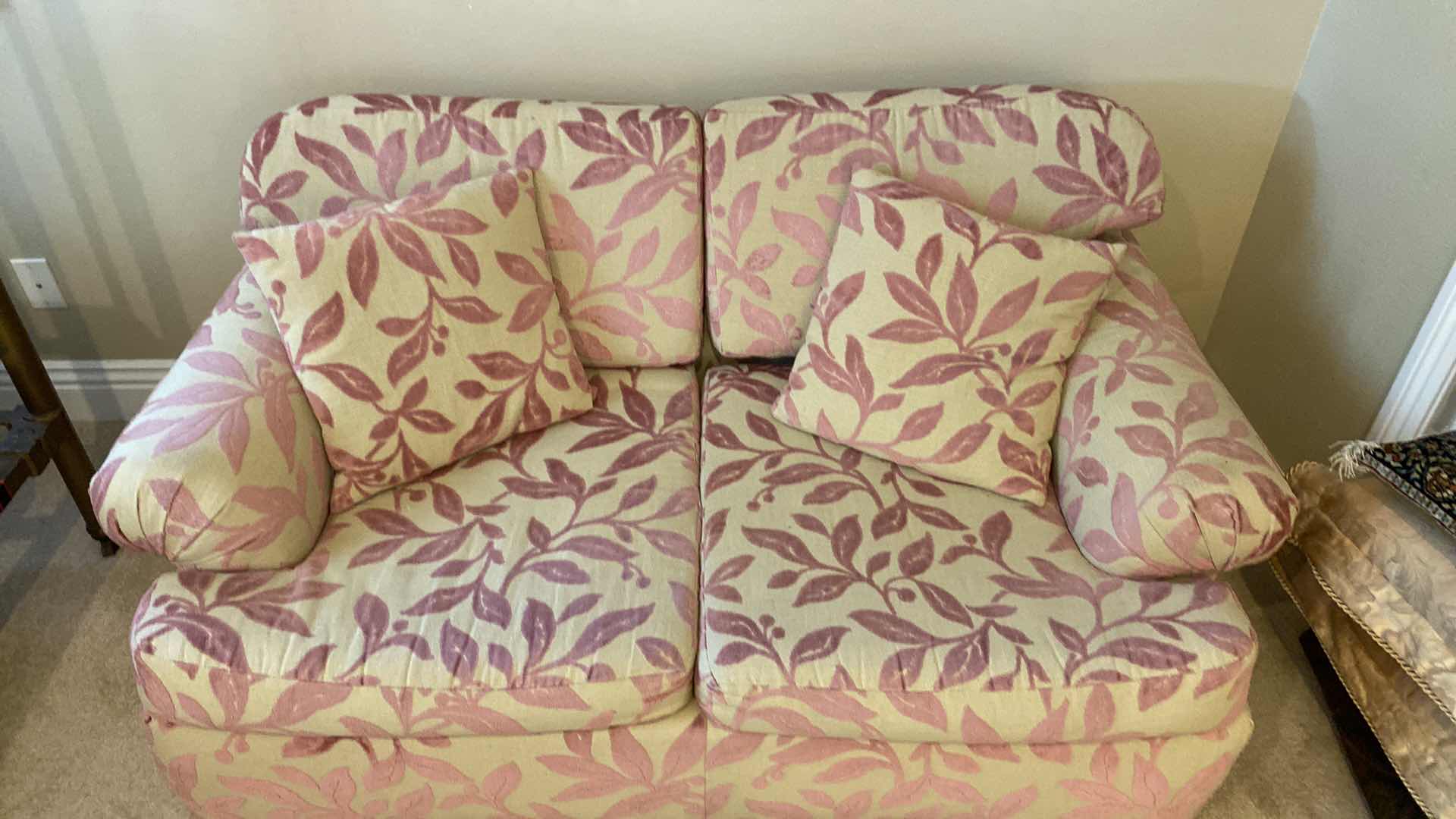 Photo 1 of 64” CREAM AND MAUVE LEAF UPHOLSTERED LOVE SEAT