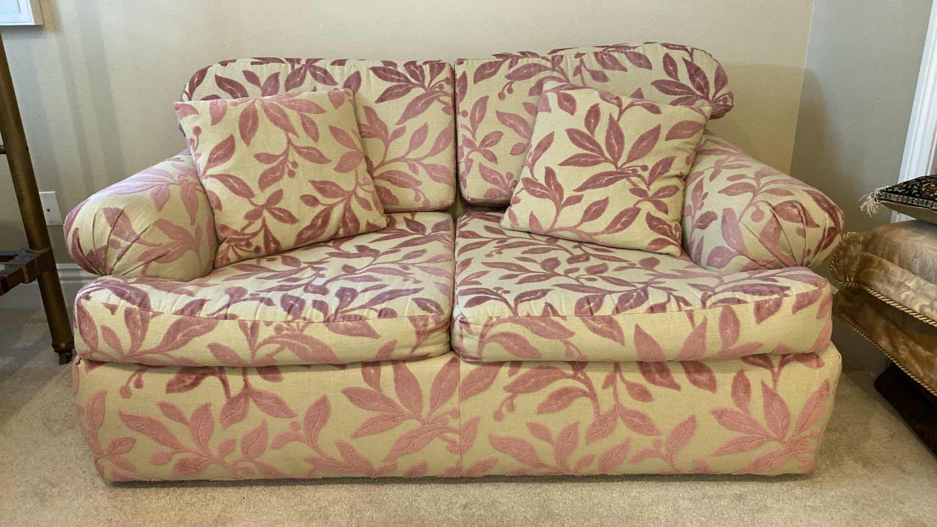 Photo 1 of 64” CREAM AND MAUVE LEAF UPHOLSTERED LOVE SEAT