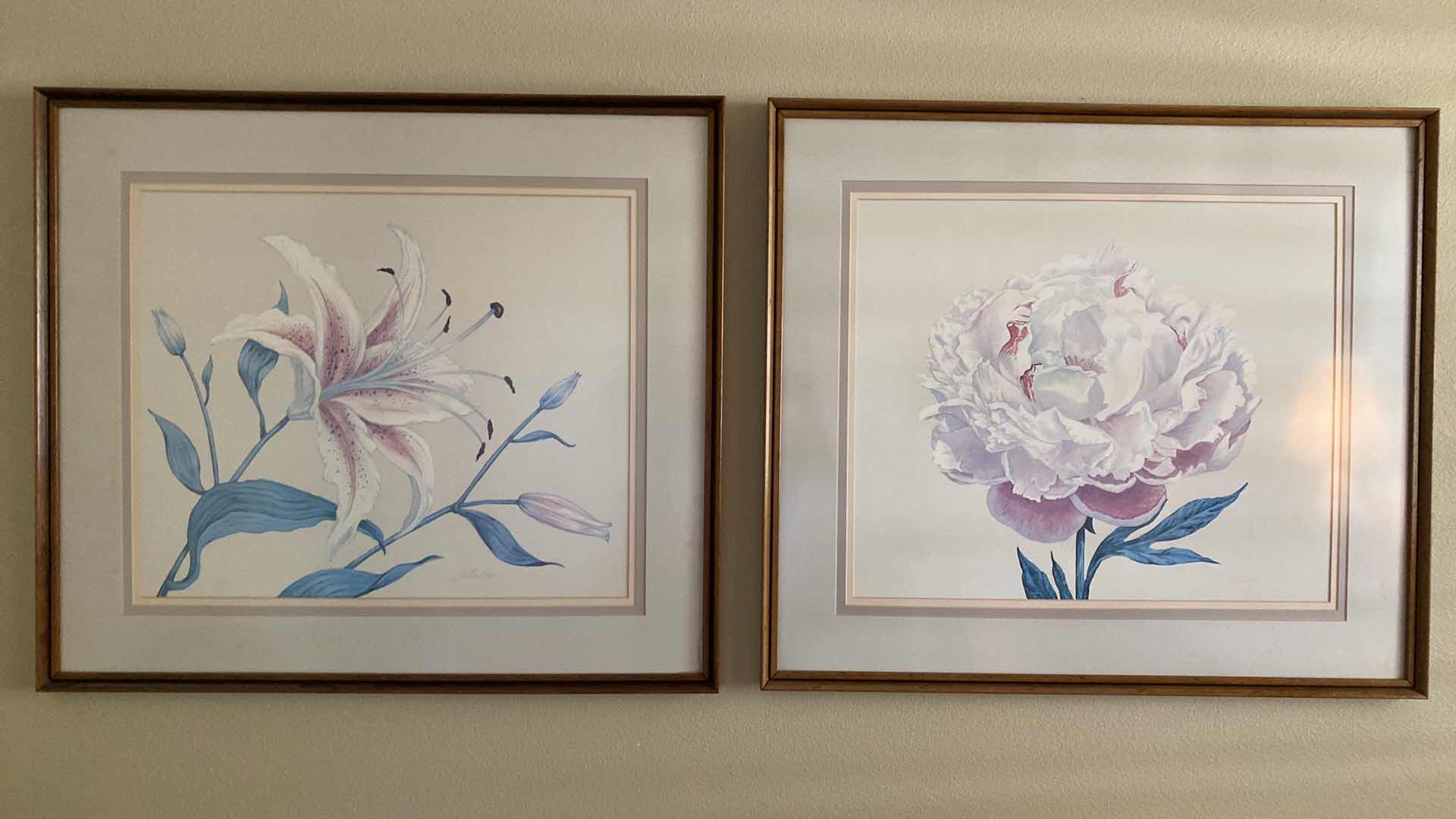 Photo 1 of PAIR OF VINTAGE WOOD FRAMED FLORAL SIGNED ARTWORK 33” X 29” EACH