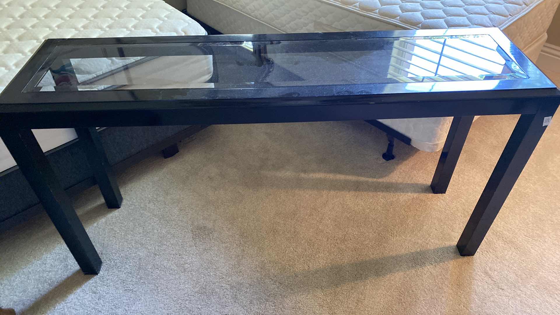 Photo 1 of SOFA TABLE DARK WOOD WITH BEVELED GLASS 56” X 15” H29”