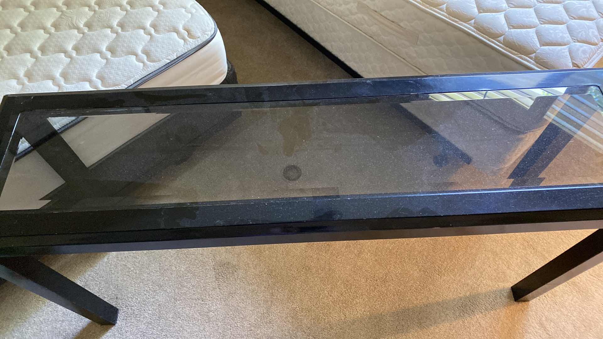 Photo 1 of SOFA TABLE DARK WOOD WITH BEVELED GLASS 56” X 15” H29”