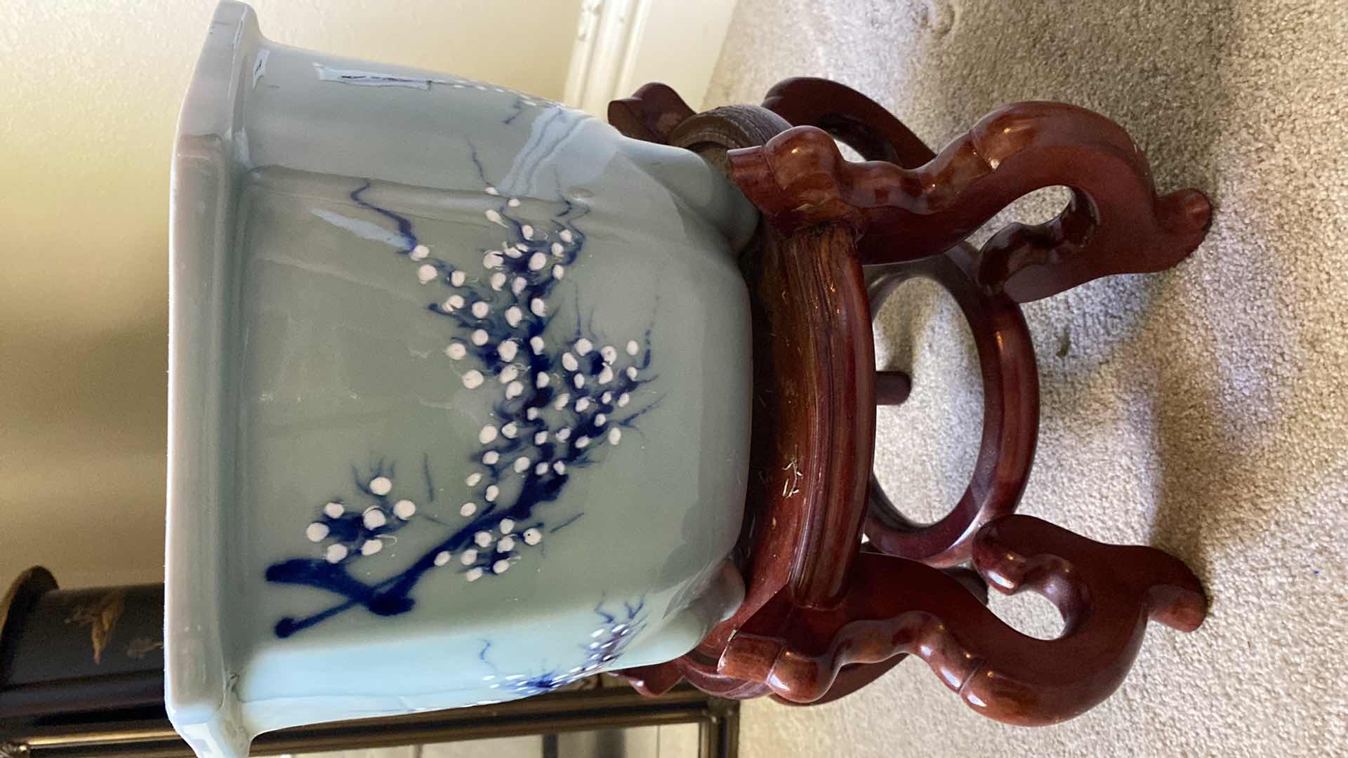 Photo 1 of TOYO ASIAN BLUE AND GREEN POT ON STAND 13” X 9” MEASUREMENT DOES NOT INCLUDE THE STAND