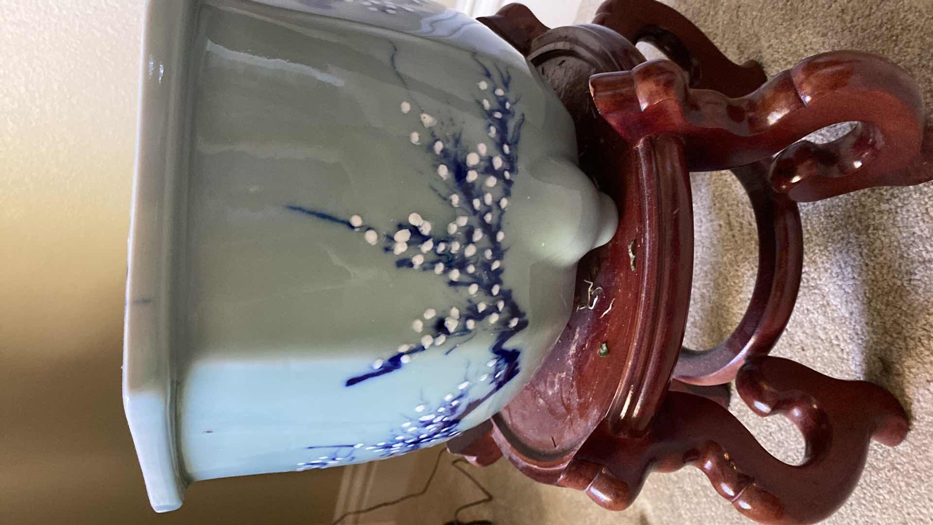 Photo 1 of TOYO ASIAN BLUE AND GREEN POT ON STAND 13” X 9” MEASUREMENT DOES NOT INCLUDE THE STAND