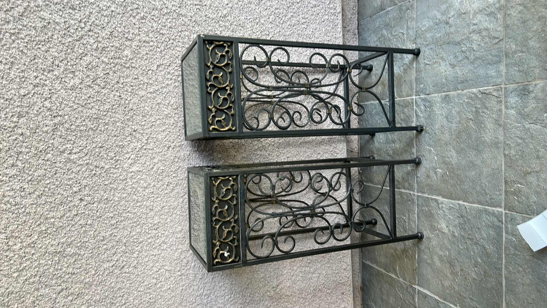 Photo 1 of TWO VINTAGE METAL PLANT STANDS WITH BEVELED GLASS TOP H27”