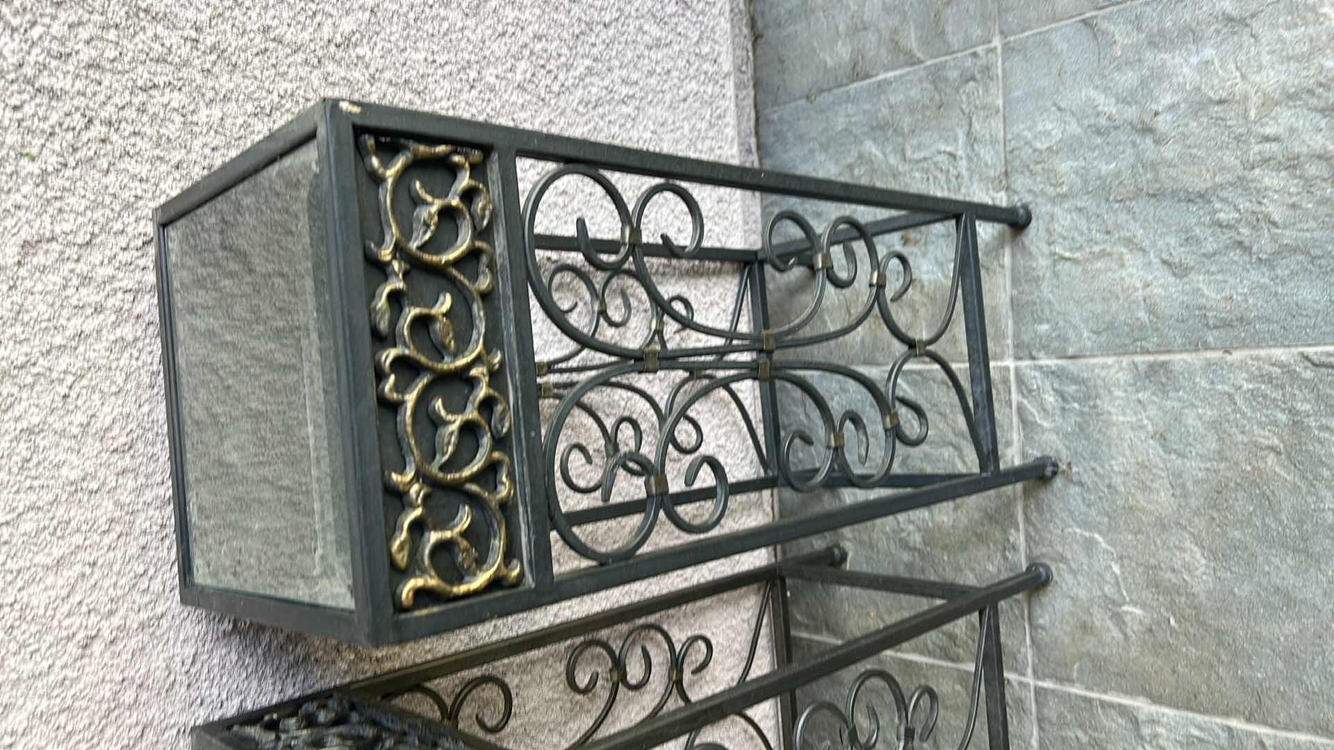 Photo 1 of TWO VINTAGE METAL PLANT STANDS WITH BEVELED GLASS TOP H27”