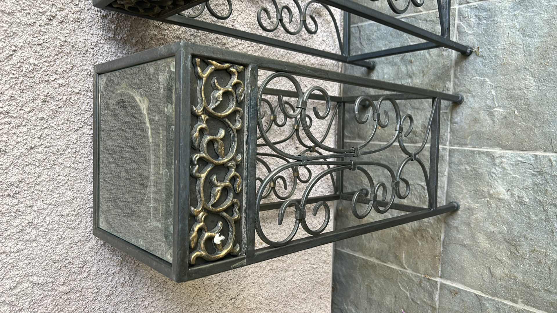 Photo 1 of TWO VINTAGE METAL PLANT STANDS WITH BEVELED GLASS TOP H27”