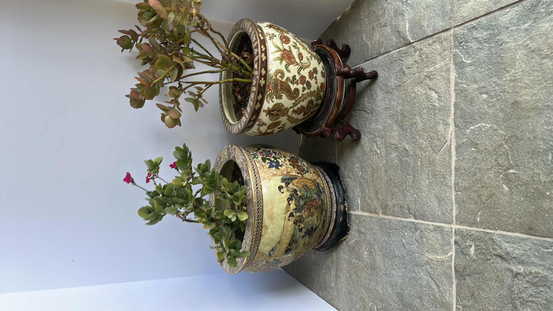 Photo 1 of TWO LIVE PLANTS IN PORCELAIN POTTERY W STANDS TALLEST H8”