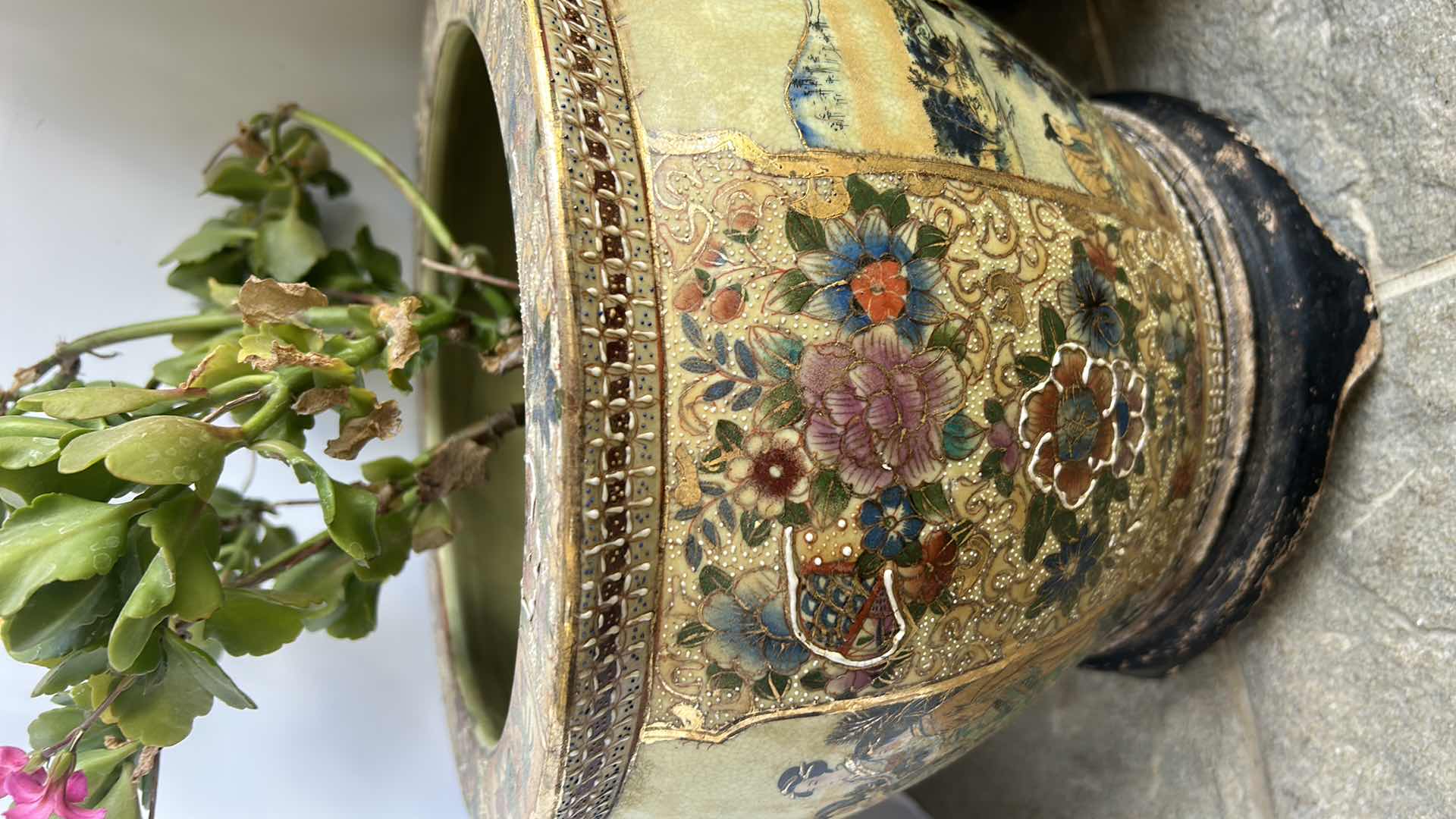 Photo 1 of TWO LIVE PLANTS IN PORCELAIN POTTERY W STANDS TALLEST H8”