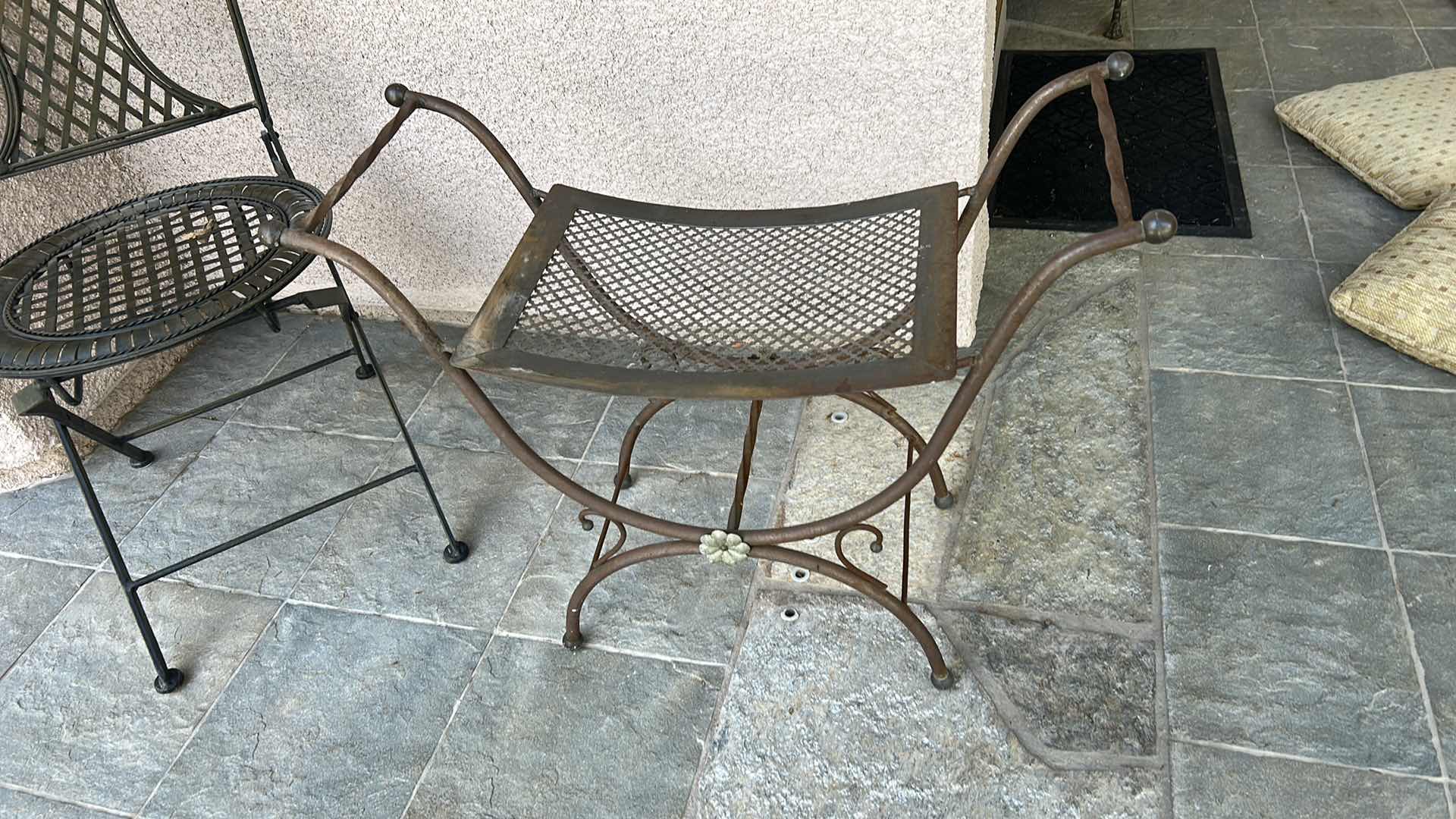 Photo 1 of VINTAGE METAL CHAIR AND STOOL w 4 PILLOWS