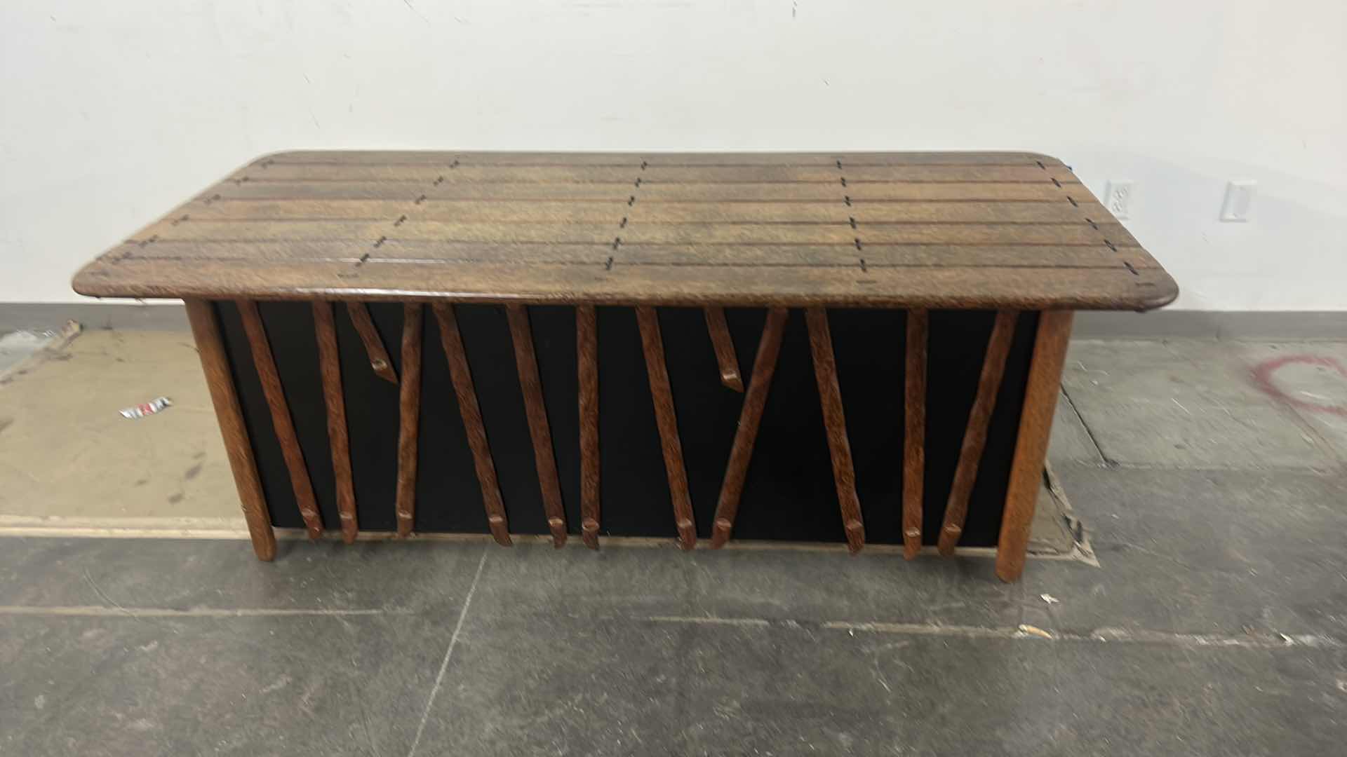 Photo 1 of MENDI PALMWOOD DESK W/ BLACK AND METAL ACCENTS BY PACIFIC GREEN  78.5” x 36 x H29” (FILE AVAILABLE THAT FITS UNDER DESK AND PICTURED ITEMS SOLD SEPERATELY) 