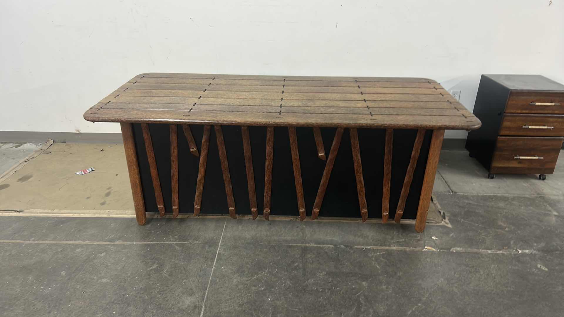 Photo 1 of MENDI PALMWOOD DESK W/ BLACK AND METAL ACCENTS BY PACIFIC GREEN  78.5” x 36 x H29” (FILE AVAILABLE THAT FITS UNDER DESK AND PICTURED ITEMS SOLD SEPERATELY) 