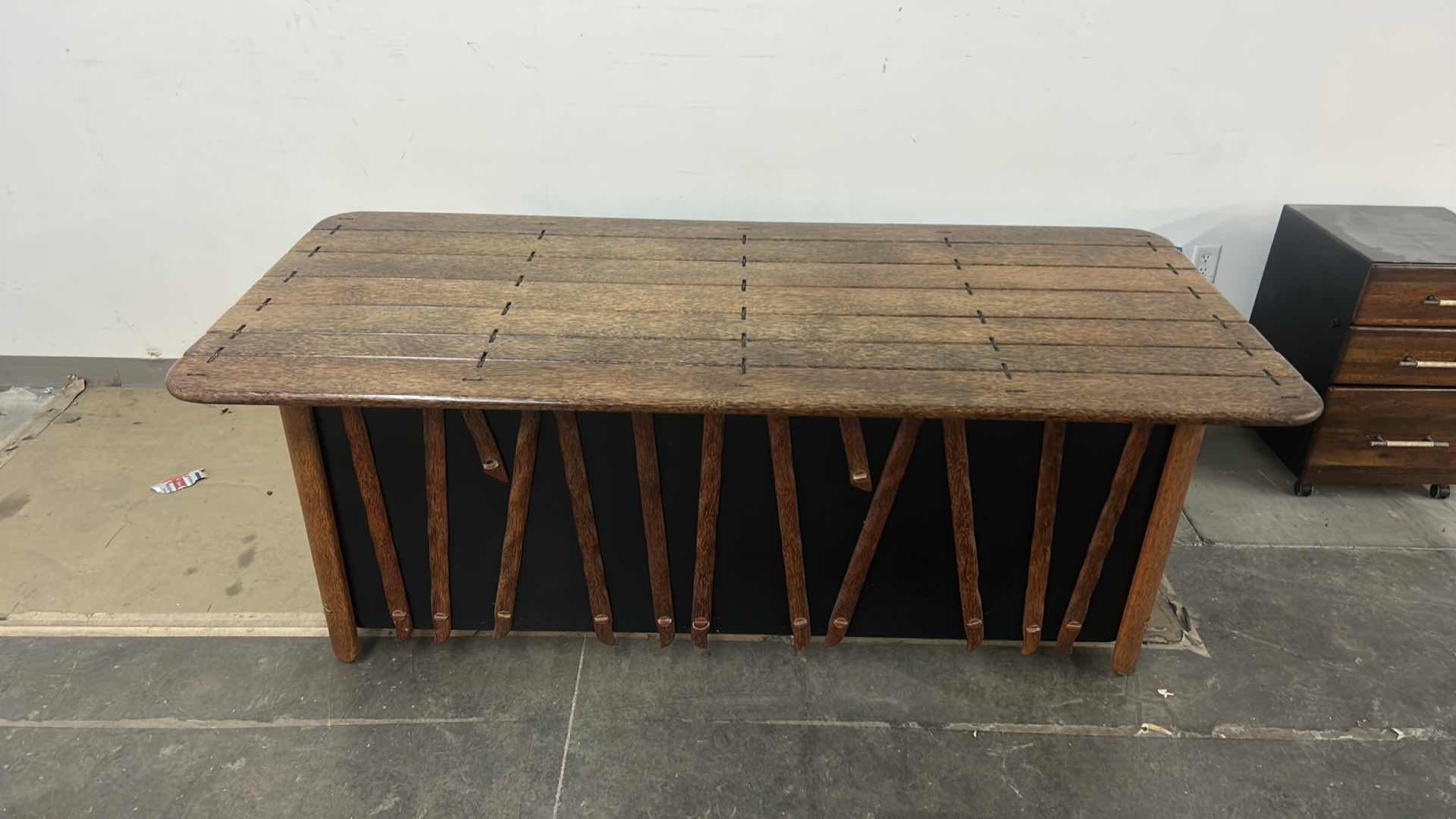 Photo 1 of MENDI PALMWOOD DESK W/ BLACK AND METAL ACCENTS BY PACIFIC GREEN  78.5” x 36 x H29” (FILE AVAILABLE THAT FITS UNDER DESK AND PICTURED ITEMS SOLD SEPERATELY) 