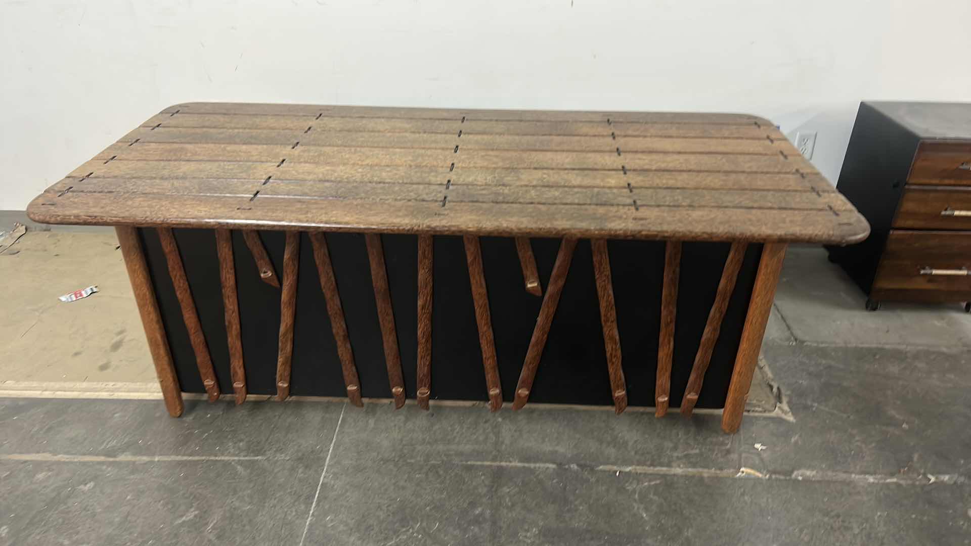 Photo 1 of MENDI PALMWOOD DESK W/ BLACK AND METAL ACCENTS BY PACIFIC GREEN  78.5” x 36 x H29” (FILE AVAILABLE THAT FITS UNDER DESK AND PICTURED ITEMS SOLD SEPERATELY) 