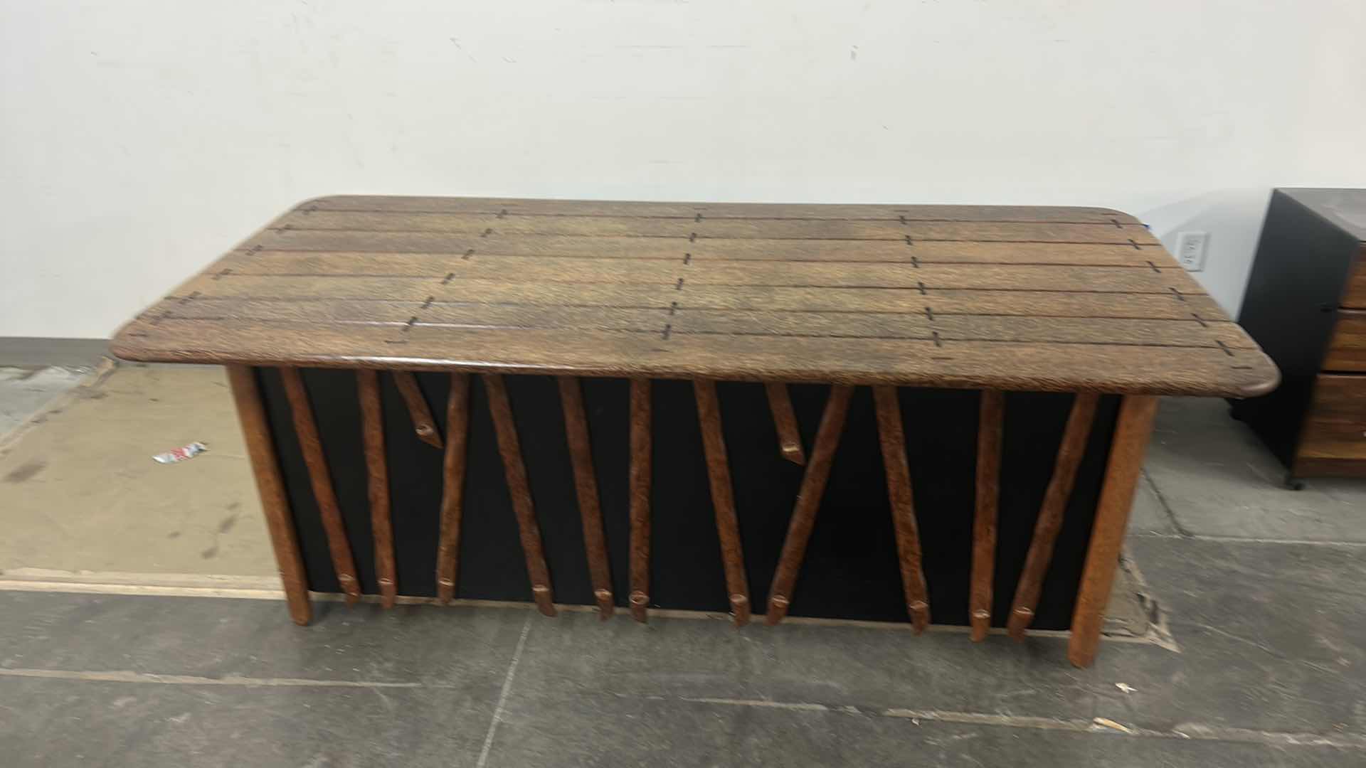 Photo 1 of MENDI PALMWOOD DESK W/ BLACK AND METAL ACCENTS BY PACIFIC GREEN  78.5” x 36 x H29” (FILE AVAILABLE THAT FITS UNDER DESK AND PICTURED ITEMS SOLD SEPERATELY) 